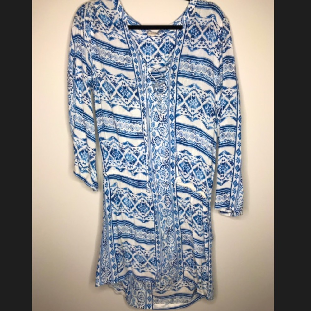 Blue and White Long Sleeve Beach Dress